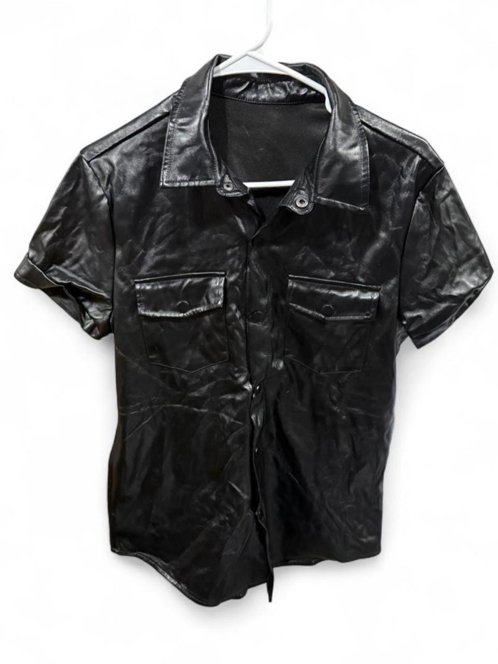 SHEIN Black Short-Sleeve Faux Leather Button-Down Shirt